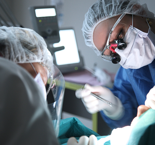Periodontist and assistant treating a patient